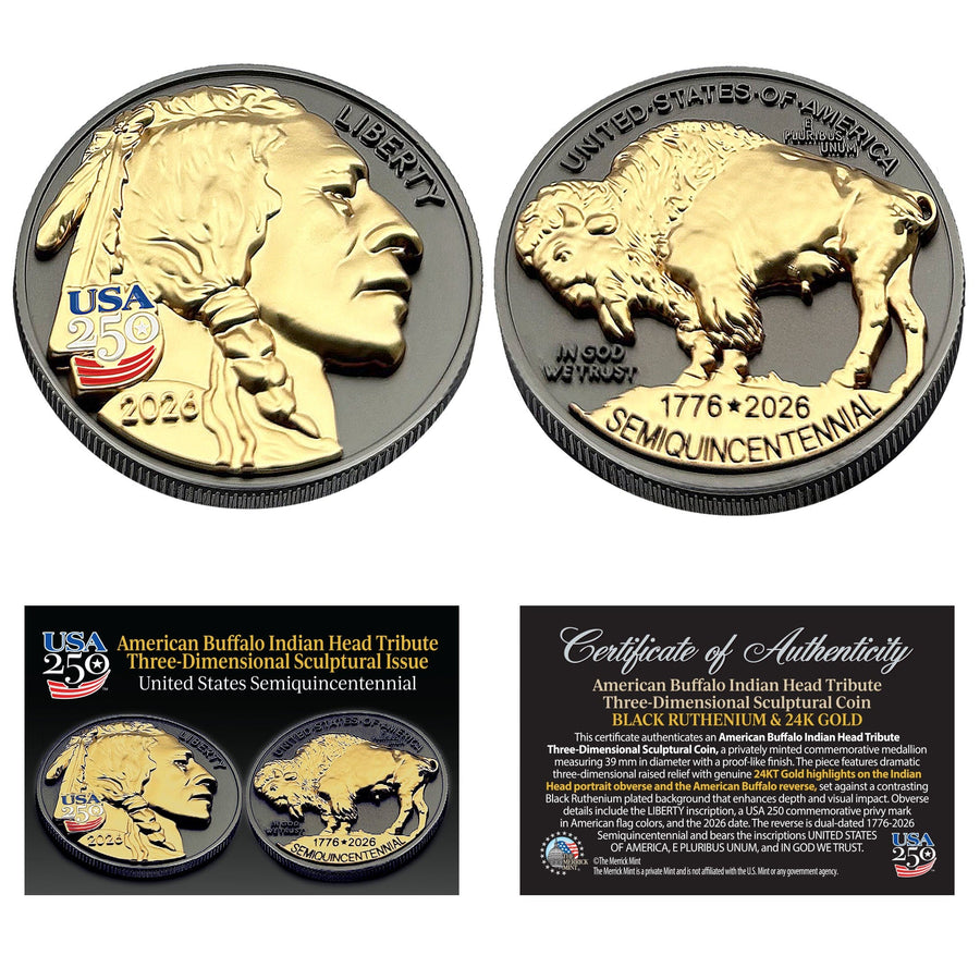 3D American Buffalo Indian Head Tribute Coin With USA 250 Privy Mark (Black Ruthenium & 24k Gold)